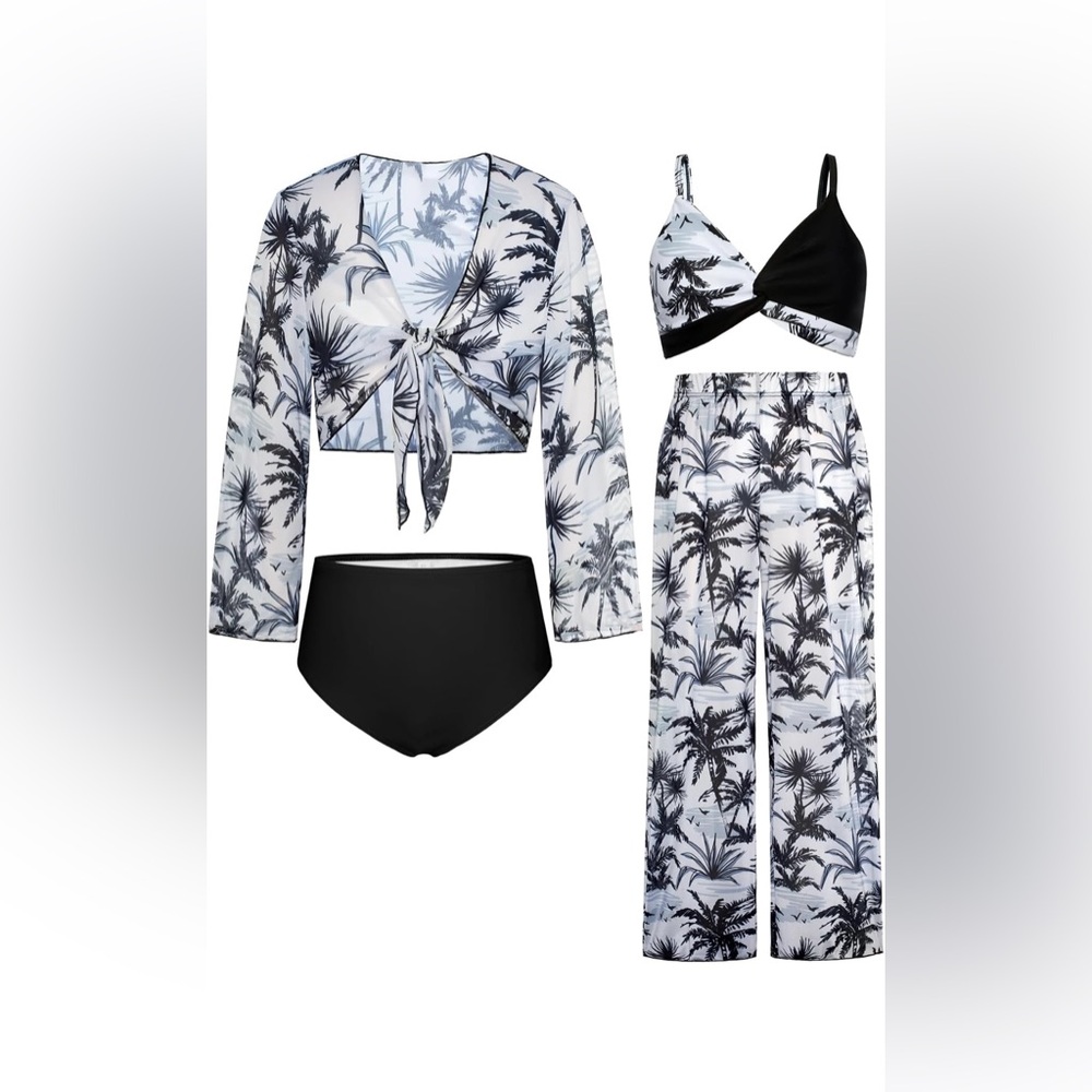 Grace Karin Black and White Palm Print Bikini Set